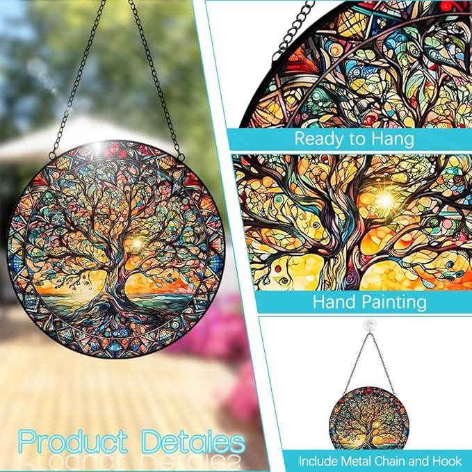 Tree of Life Suncatcher Stained Glass Window Hanging - 8″ Handmade Sun Catchers Indoor Window Valentines Day Decorations with Hooks and Chain - Wall Art Home Decor Panel Gifts for Women Men Mom Dad