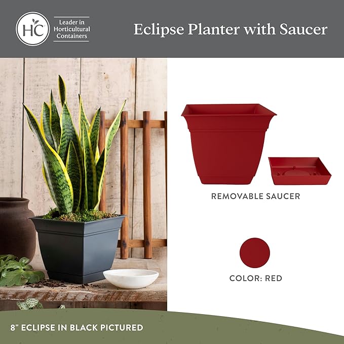 The HC Companies 12 Inch Eclipse Square Planter with Saucer – Indoor Outdoor Plant Pot for Flowers Vegetables Herbs, Red