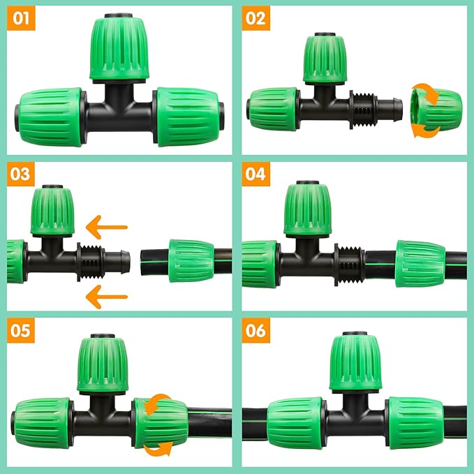 Drip Irrigation Fittings for 1/2 inch Tubing (0.60"-0.63" OD), 12 Pieces Barbed Tee Drip Parts Locked Tee Connectors, 3 Way Drip Line Nuts Connectors for 1/2" Drip Irrigation Hose (13mm ID)