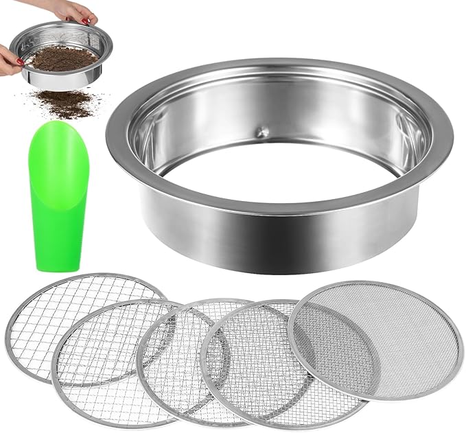 Soil Sieve Set, Garden Soil Sifter Kit, Stainless Steel Mesh Sifting Pan with 5 Sizes Sieve Meshes (0.04"-0.48") & Bonsai Soil Scoop, Garden Potting Sieve Set for Dirt, Compost