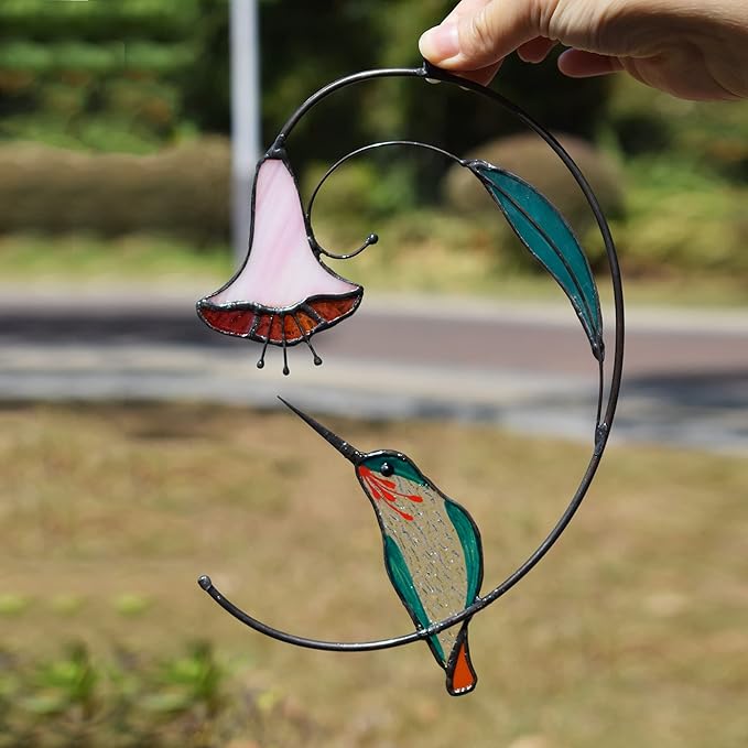Lolitarcrafts Hummingbird with Flower Stained Glass Suncatcher Bird Stained Glass Window Hangings Hummingbird Gift for Home Decor (Green)