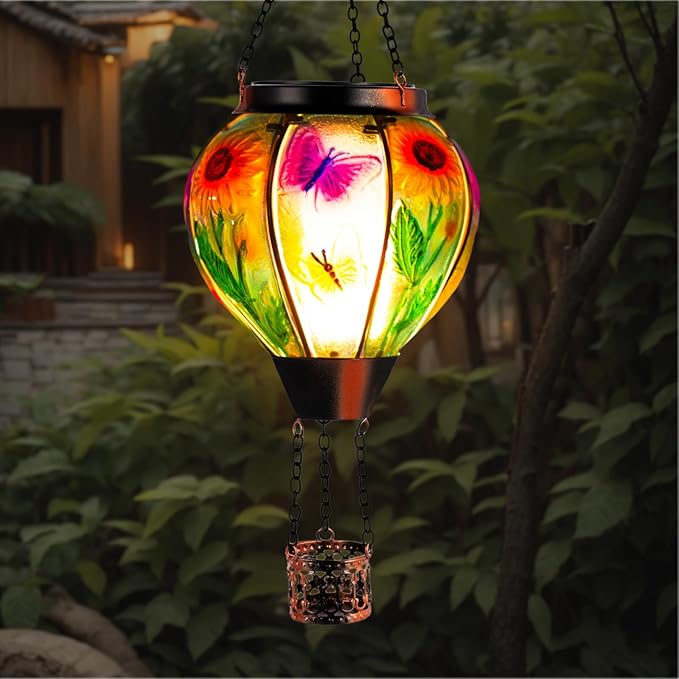 Hot Air Balloon Solar Lantern, Butterfly Solars Powered Hot Air Balloon Lantern Outdoor Waterproof, Glass Hanging Hots Air Balloons Solar Light for Outdoor Patio Garden Decor