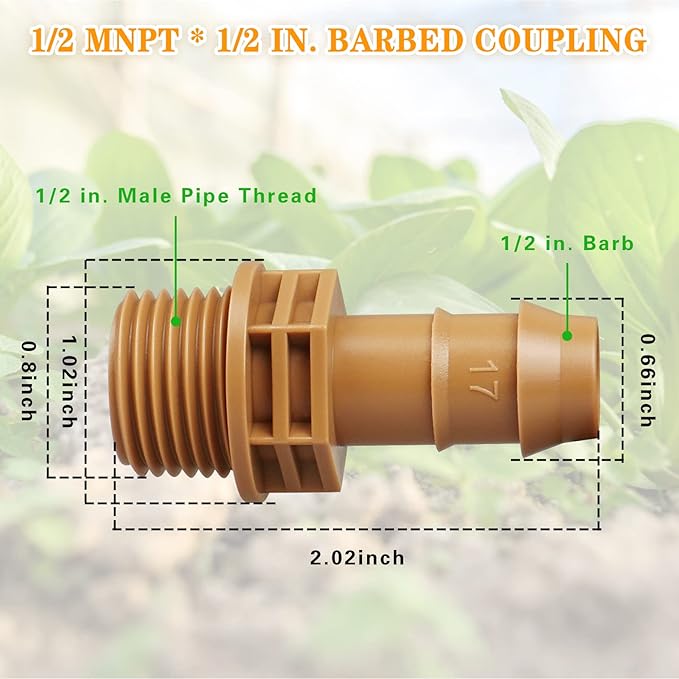 1/2 Inch Threaded Drip Irrigation Male Adapter：Drip Irrigation Universal PVC Adapter 1/2" Male Pipe Thread (MNPT) x 1/2" Barb Coupling Swing Pipe Irrigation Fittings (10 Pack)