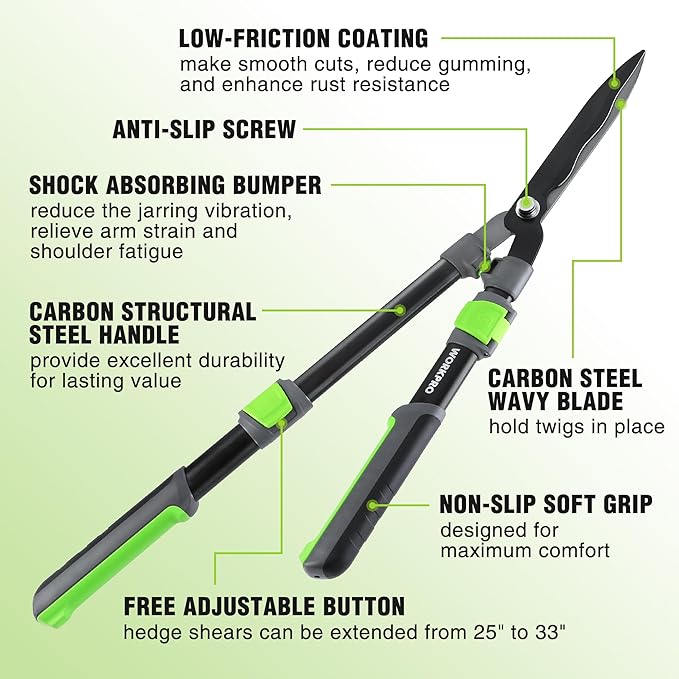 WORKPRO Extendable Hedge Shears, 25-33" Manual Hedge Clippers, Professional Bush Cutter, Gardening Pruners Scissors, Hedge Trimmers, Shears Gardening Tools for Pruning Borders & Shrubs