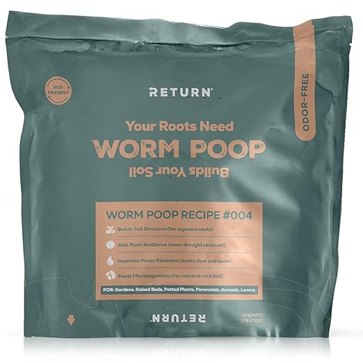 Return Worm Poop Recipe #004, Natural Worm Castings for Plants, Vegetable Garden, Lawns - Earthworm Soil Amendment & Organic Matter Fertilizer, Indoor & Outdoor Use, Eco-Friendly, Odor-Free (4 Quarts)