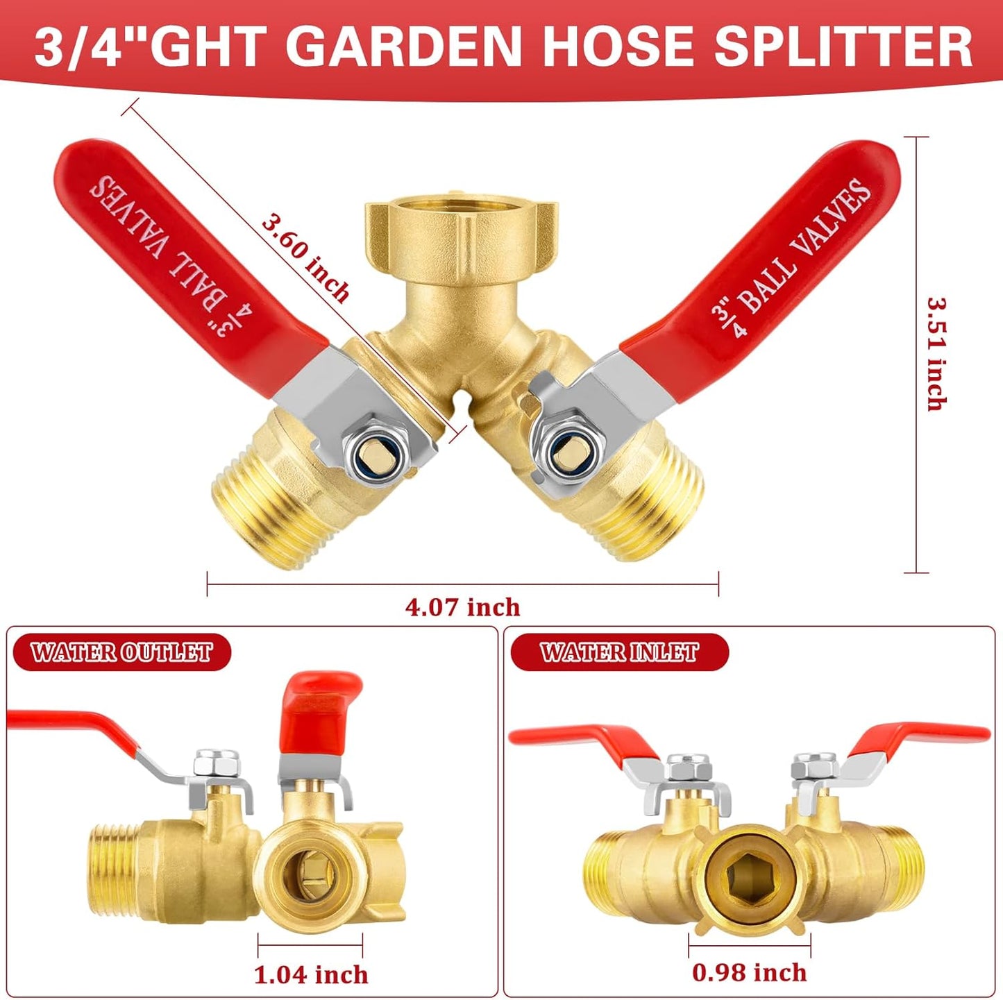 Garden Hose Splitter 2 Way, Brass Water Hose Splitter with Stainless Steel Long Handle, 3/4" GHT Thread Garden Hose Y Splitter, Full Flow Hose Splitter 2 Way Heavy Duty