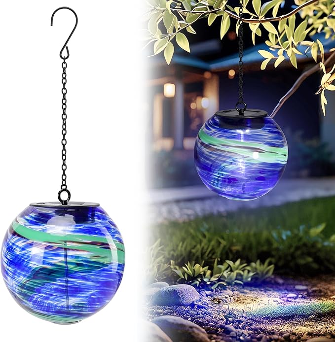 VCUTEKA Solar Chandelier Outdoor, Hanging Glass Solar Light with Hook Up, Garden Lanterns Decor for Yard, Tree and Patio, Blue Green