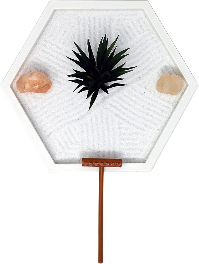 Nature's Mark Mini Zen Garden Kit for Desk with White Sand, Rake, White Base, Salt Rock and Air Plant (Hexagon)