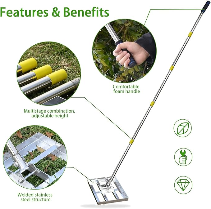 Scalebeard Lawn Leveling Rake-6 FT Level Lawn Tool/Soil Lawn Rake Stainless Steel Leveling Rake Landscape Rake with Handle for Garden Backyard Golf/Lawn（6FT,17 X10In）
