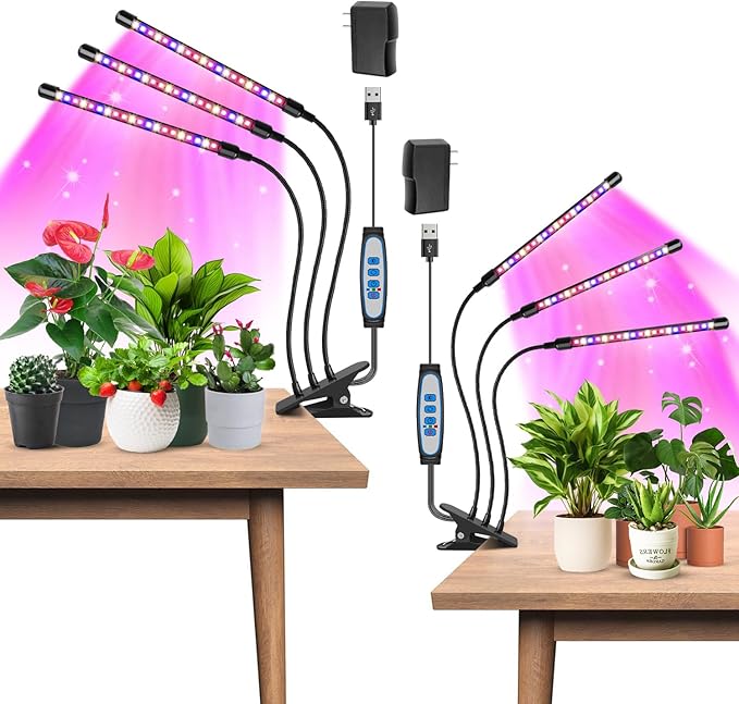 Garpsen Led Grow Light, 2PCS 3 Heads Full Spectrum Clip Plant Light for Indoor Plants, 120 LEDs Grow Lights, with 3 Switch Modes & Auto ON/Off 6/12/16H Timer, 5 Dimmable Levels (Red Blue Warm White)