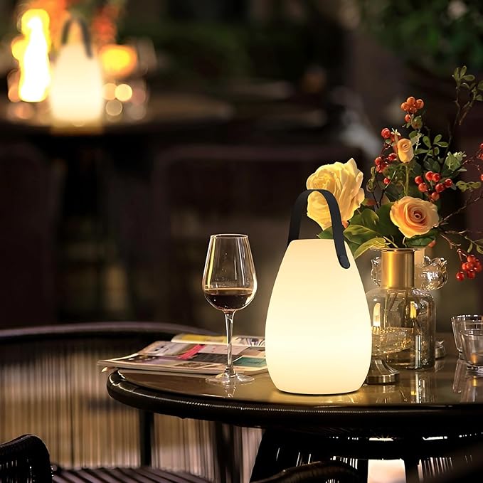 uuffoo Portable Outdoor Table Lamp, Dimmable Cordless Lamp with Remote and 7 RGB Colors IP44 Waterproof Hanging Lamp Indoor/Outdoor Night Lamp Lantern for Bedroom Garden Dining Camping