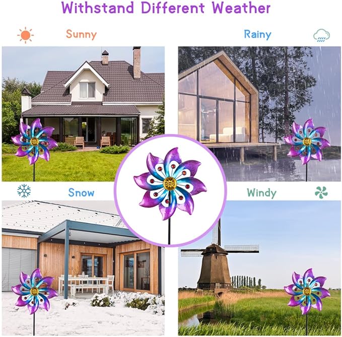 VEWOGARDEN Garden Metal Flower Wind Spinners Outdoor, Kinetic Wind Sculptures & Spinners for Yard Lawn Patio Decorations, Blue-Purple