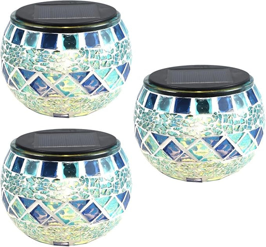 Uonlytech 3Pcs Mosaic Ball Garden Lights Outdoor Mosaic Lawn Lamps Solar Lights Glass Globe Powered Color Changing Solar Lamps Outdoor Indoor Decorations Garden Patio Yard Pathway (Blue)