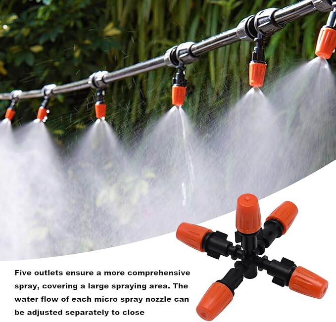 VIKKSAER 10 Pack 1/2 inch Garden Irrigation Sprinklers Head, Five Head Misting Spray Nozzle, 360° Micro Drip Irrigation Parts for Patio, Lawn, Micro Irrigation System, Greenhouse Supplies