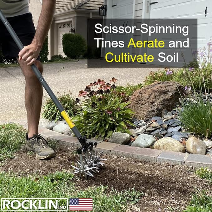 Rocklin Rotary Cultivator Tool - 60” Extra Long Handle - Reinforced Tines - Reseeding Grass or Soil Mixing - All Metal, No Plastic Structural Components - Cultivate Easily