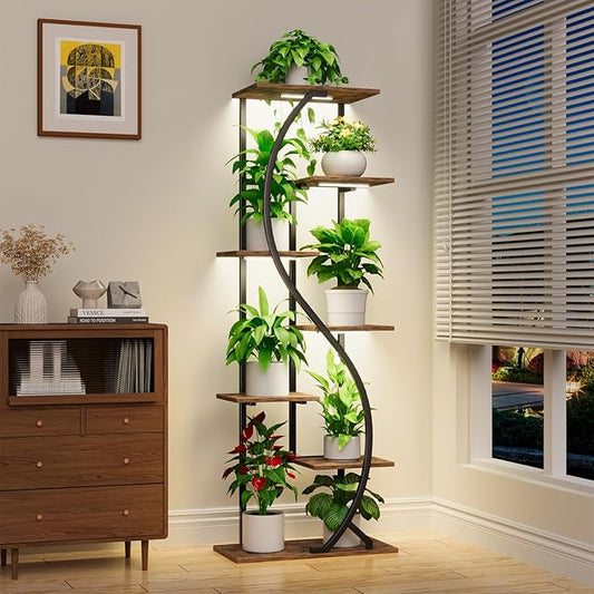 59" Tall Plant Stand with Grow Light Indoor, 7 Tiered Metal Plant Shelf, S-Shaped Flower Display Stand, Corner Storage Shelf for Living Room, Patio, Balcony Decor