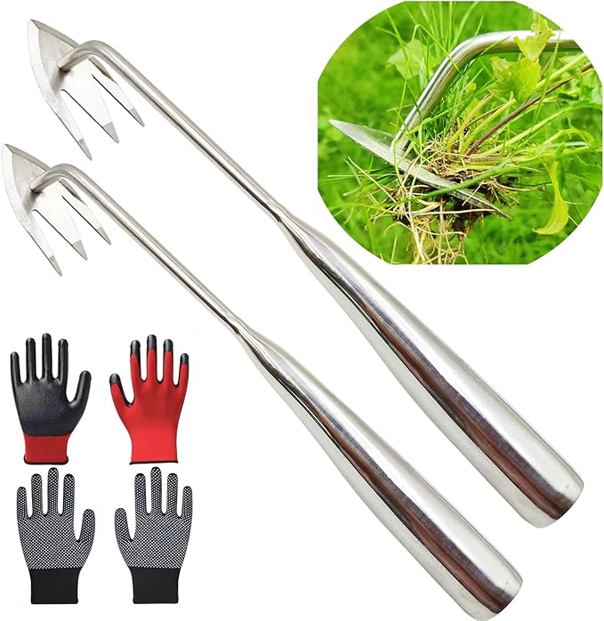 Gardening Weeding Pulling Tool,2pcs New Weeding Artifact Uprooting Weeding Tool,Stainless Steel Garden Weed Puller Tool,Garden Weeder Tool with Gloves for Backyard(13.8+13.8 inch)