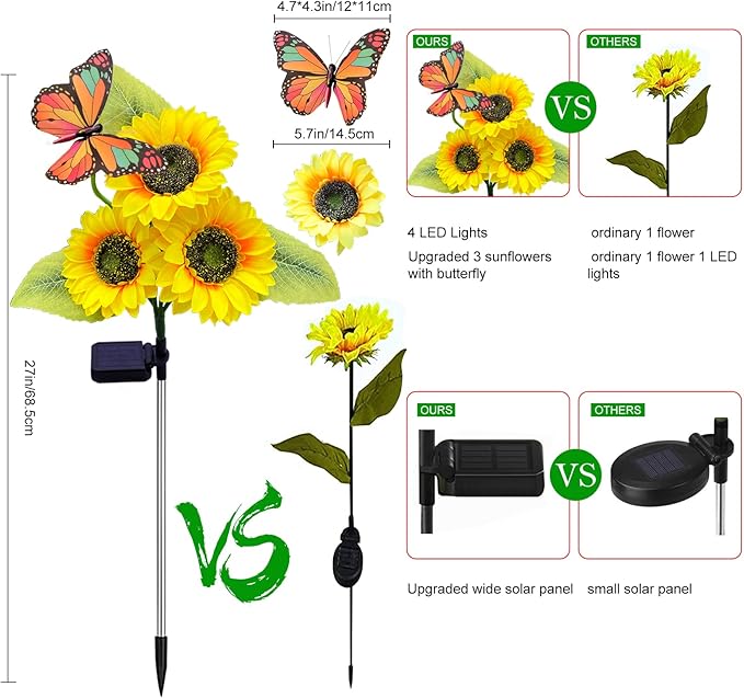 Solar Sunflower Lights Outdoor Garden Lights, 2 Pack Solar Flower Lights with Butterfly Waterproof Garden Decor, Gifts for Mom Grandma, Sunflower Stake Led Lights for Yard Patio Lawn Pathway Outside