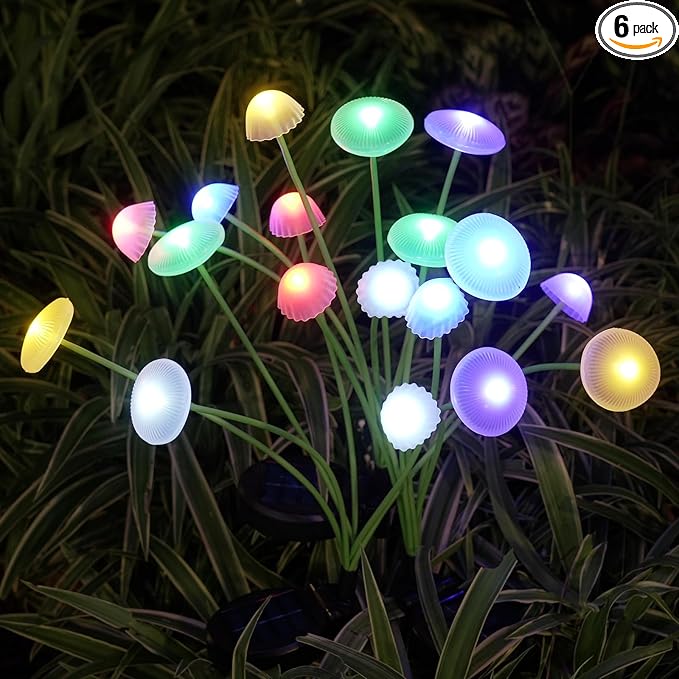 Solar Garden Lights, 6-Pack Dual Mode LED Solar Mushroom Lights, Waterproof Firefly Outdoor Decor for Yard, Patio, and Pathway – Colorful Jellyfish Ambiance