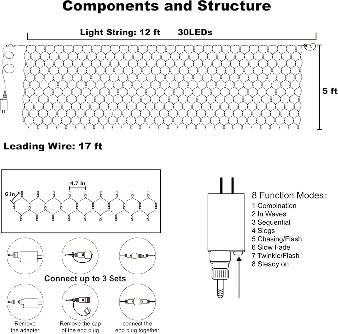 WATERGLIDE Outdoor Christmas Net Lights, 12FT x 5FT 360 LED Mesh String Light with 8 Lighting Mode, Connectable Waterproof Lights for Garden Tree Bushes, Holiday Wedding Party Decoration, Red & Green