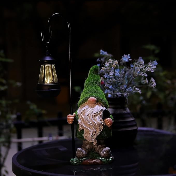 Flocked Garden Gnome Statue, Large Outdoor Gnome with Solar Lights, Funny Garden Figurines for Outdoor Home Yard Decor (15.8 Inch Tall)