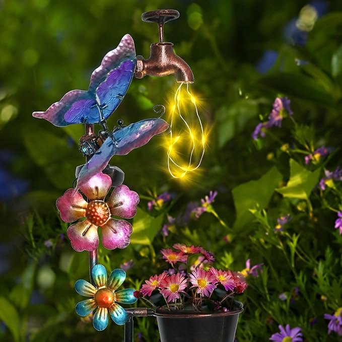 Afirst Solar Outdoor Decorative Butterfly Lights - Faucet Shaped Twinkling Light Garden Stake Decorations for Pathway Lawn Patio Courtyard Backyard