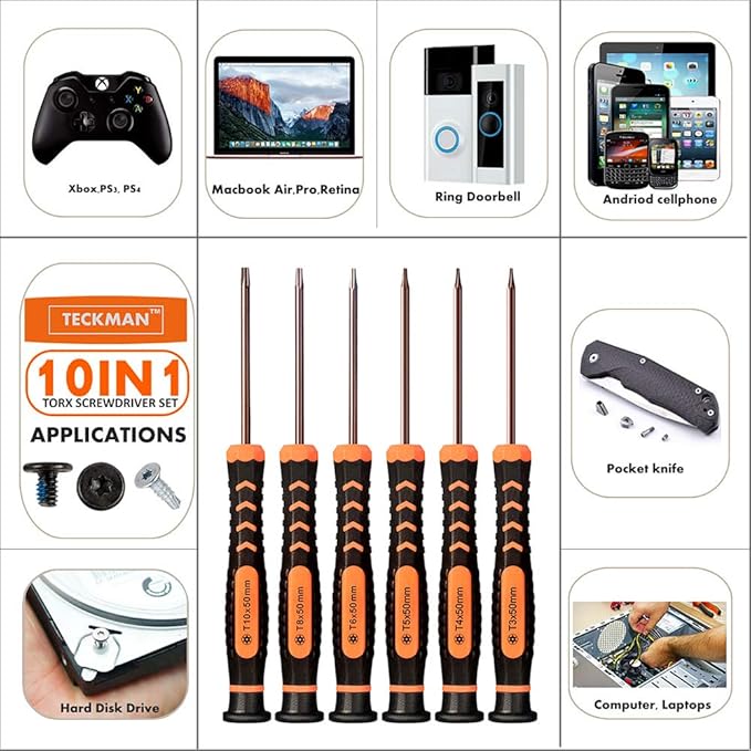 TECKMAN 10 in 1 Torx Screwdriver Set with T3 T4 T5 T6 T8 T10 Security Torx Bit & ESD Tweezers,Magnetic Screwdrivers Precision Repair Kit for Xbox,PS4,Macbook,Computer,Doorbell & Folding knife