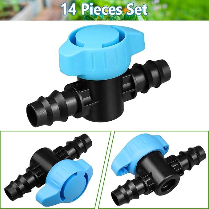JAYEE 14 Pcs Drip Irrigation Fittings Switch Valve 1/2 Inch, In-Line Barbed Switch Valve For 1/2 Inch Drip Tubing (.570-.620" ID), Shut-Off/On Drip Line Parts For Garden Sprinkler Systems