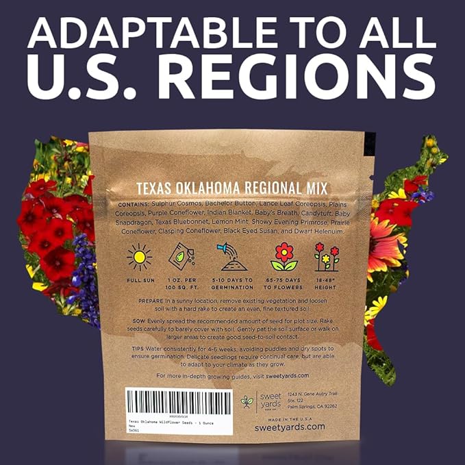 Texas Oklahoma Wildflower Seeds Mixture - Bulk 1 Ounce Packet - Over 15,000 Native Seeds - Open Pollinated and Non GMO