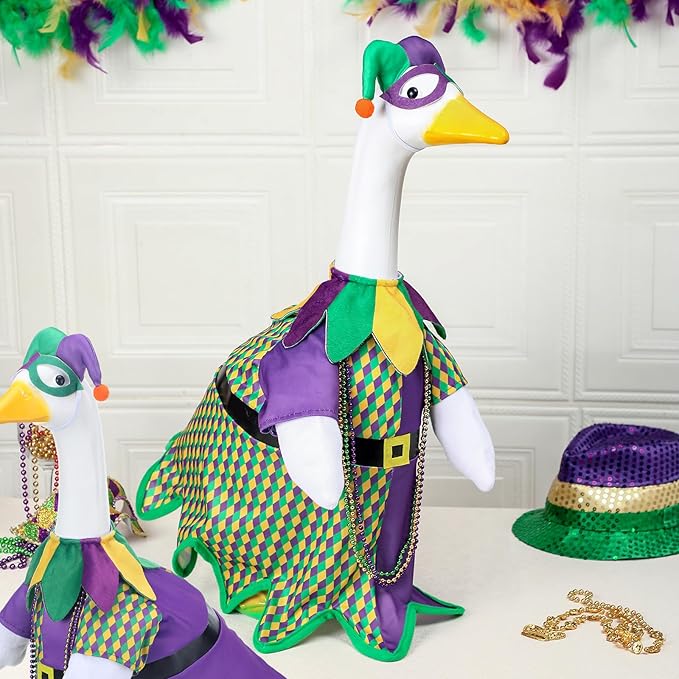 Mardi Gras Jester Outfit Goose Clothes for 23 High Cement or Plastic Lawn Porch Lawn Garden Goose Costume Clothing