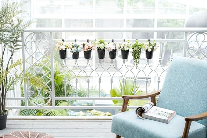 Dahey 10 Pcs Hanging Flower Pots Metal Iron Bucket Planter for Railing Fence Balcony Garden Home Decoration Flower Holders with Detachable Hooks, Black, 4 Inches