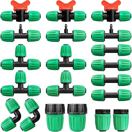 20 Pieces Drip Irrigation Fittings for 1/2 Inch Drip Tubing (1/2" ID x 0.65" OD)：1/2'' Irrigation Tubing Connectors Including Couplings Tees Elbows Valves Reducing Tee Plugs 3/4" Adapters