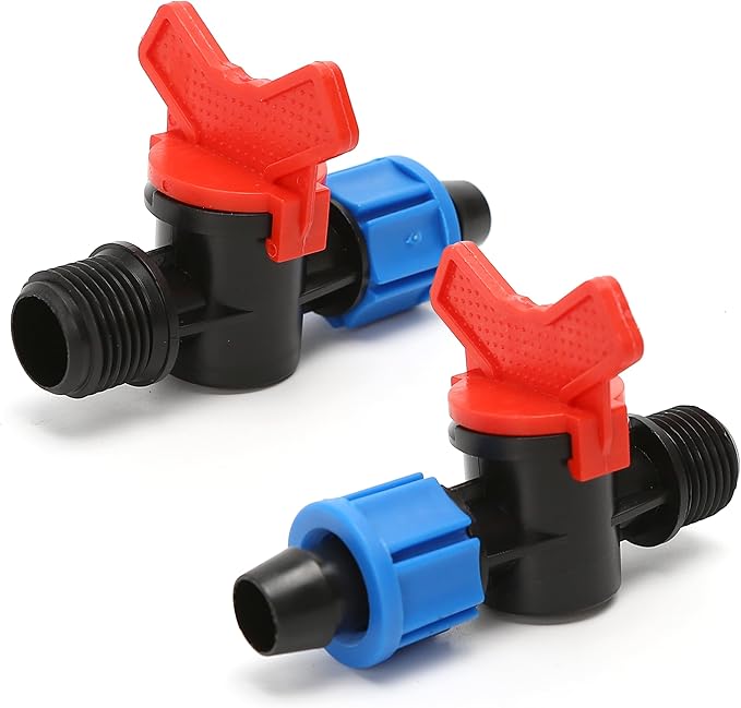10pcs Drip Tape Connectors Valve Fittings 16mm Grummet x 5/8 Inch Tape-Swivel x 1/2'' Male with Red Handle Shut-Off Irrigation System, Universal Tubing Coupling Locking, Compatible Y112 Thread Type