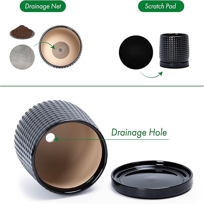 D'vine Dev 4 Inch Ceramic Beaded Stoneware Planter Pot - Flower Pot with Drainage Holes and Saucers for Indoor Succulent Plants or Flowers, Glossy Black, 27-C-Z-2