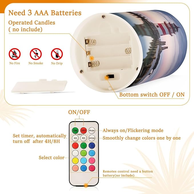 Lighthouse Flameless Candles with Remote Control and Timer, Adjustable Brightness Long Lasting Battery Operated LED Pillar Candles for Indoor Outdoor Party Home Decor, 2 Pack