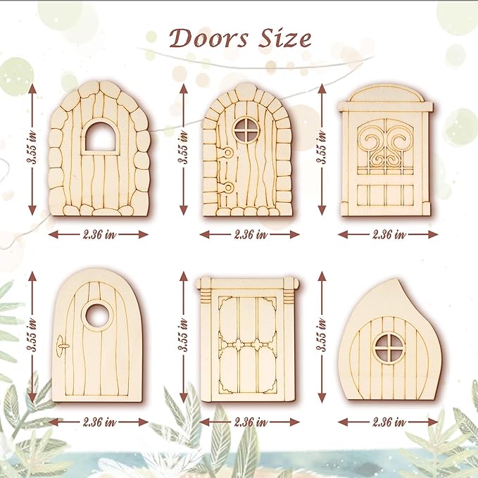 56 Pcs Fairy Door & Window Craft Kit - Wooden Garden Doors, Mini Fences, Unpainted Miniature Accessories for Home Party Event Decor - DIY Fairy House Decorations (Antique)
