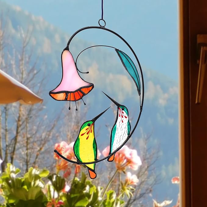 Lolitarcrafts Hummingbird with Flower Stained Glass Suncatcher Bird Stained Glass Window Hangings Hummingbird Gift for Home Decor (Green 1 Pair)