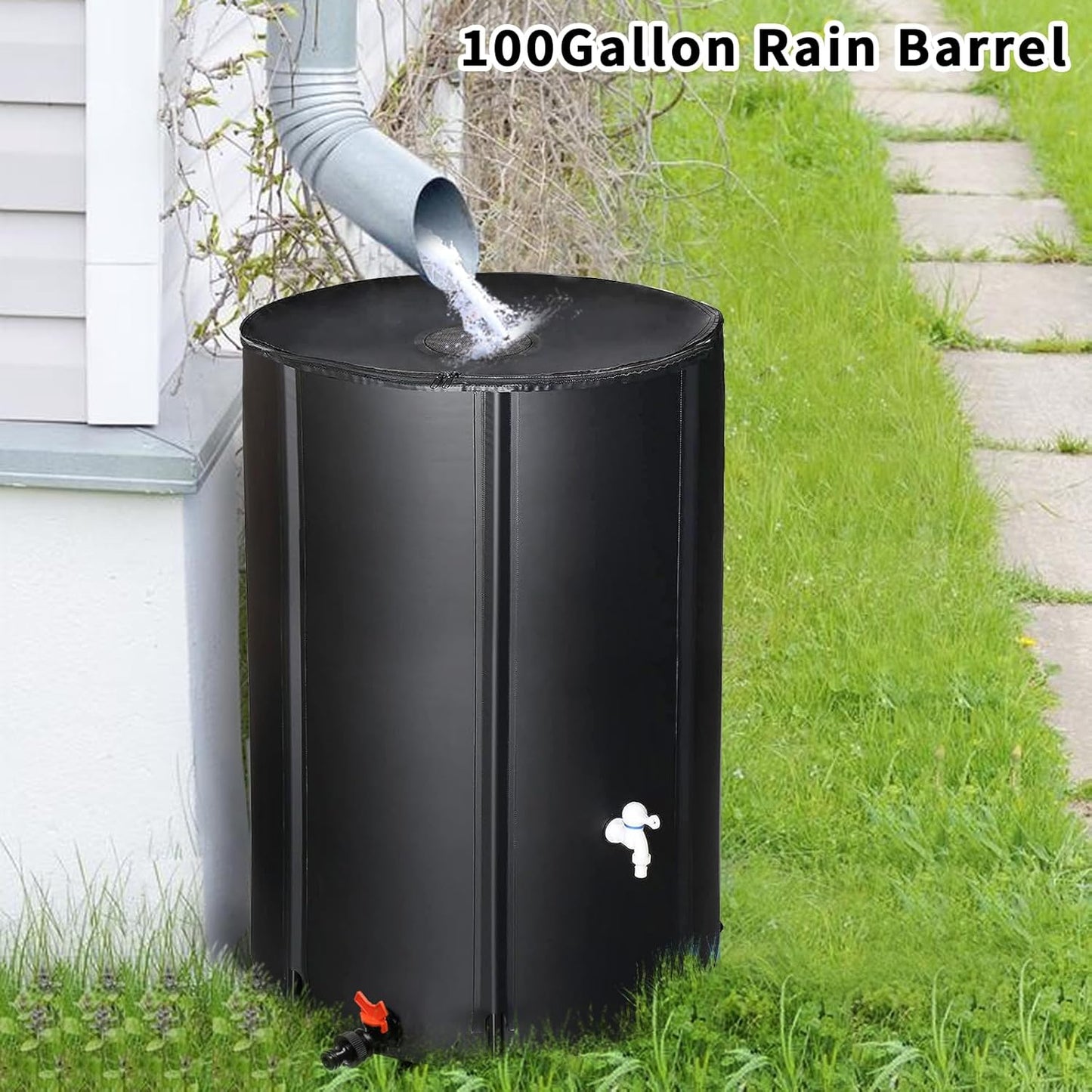 100 Gallon Collapsible Rain Barrel, Portable Rainwater Collection System, Rain Catcher Barrel, Water Storage Tank with Two Spigots and Overflow Kit, Rain Water Barrel Collector for Garden, Black