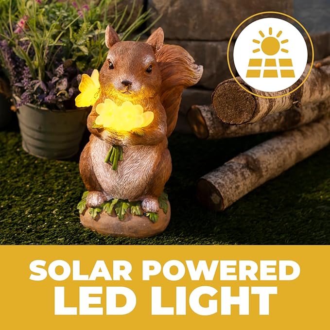 VP Home Charming Solar Powered LED Outdoor Decor Porcelain Squirrel Figurine Light Up Squirrel Gifts Garden Figurines Outdoor Solar Lawn Ornaments