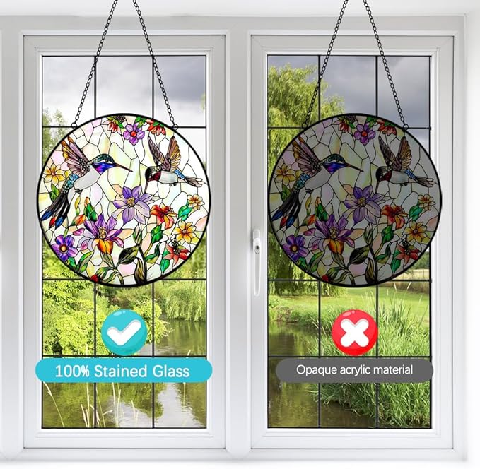 Hummingbird Suncatcher Stained Glass Window Hanging - Bird and Flowers Suncatchers for Windows - Sun Catchers Indoor Window Wall Art Home Decor Panel - Hummingbird Gifts for Women Men Mom Bird Lovers