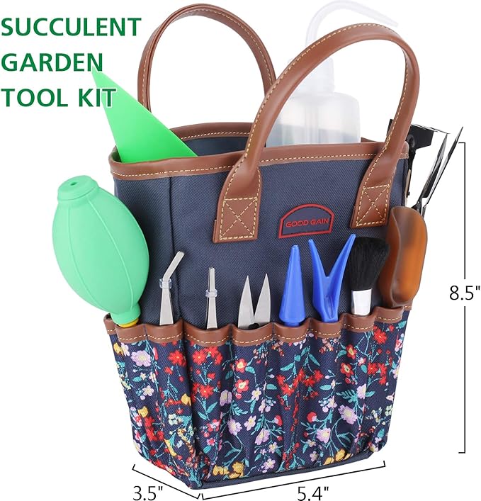 G GOOD GAIN Garden Succulent Kit with Organizer Bag, Indoor Mini Hand Gardening Tool Set, 14 Pieces Tools for Bonsai Planter Miniature Fairy Planting Care(Blue)