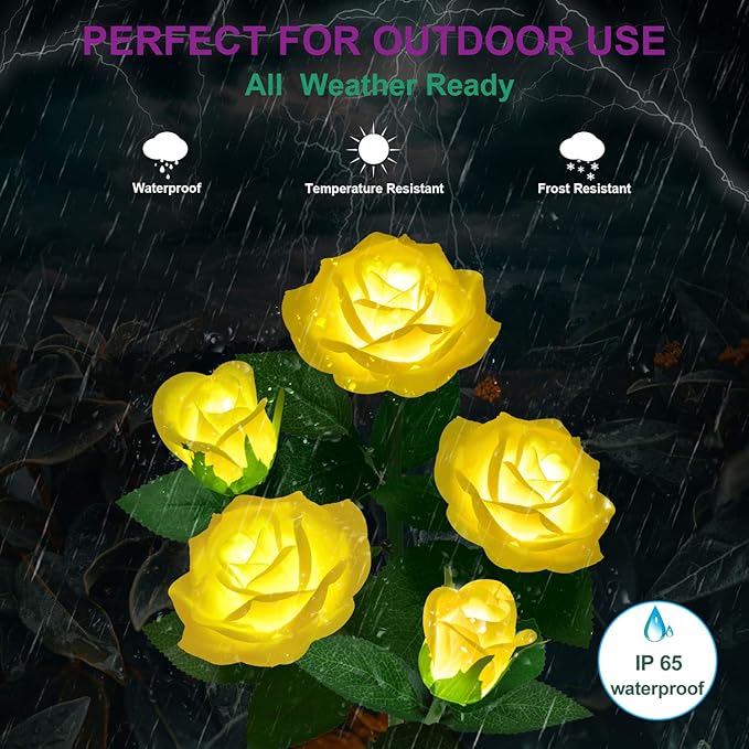 Solar Flower Lights Outdoor - Upgraded New Material Two Modes Realistic LED Solar Powered Waterproof Lights with 5 Roses, Solar Decorative Stake Lights for Garden (Yellow, 1 Pack)