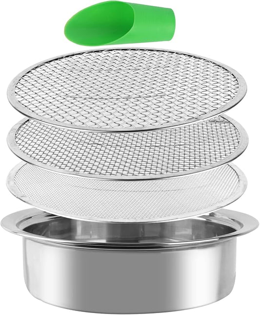 Dirt Garden Sieve Soil Sifter - Stainless Stackable Sifting Pan Soil Sand Sieve,9.5in Sifting Pan Contain 3 Sieve Mesh Filter Sizes (0.043",0.133",0.204") with Bonsai Soil Scoops,Garden Shovels 1PACK