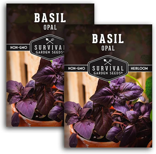 Survival Garden Seeds - Opal Basil Seed for Planting - 2 Packs with Instructions to Plant and Grow Delicious & Unique Purple Basil Herb Plants in Your Home Vegetable Garden - Non-GMO Heirloom Variety
