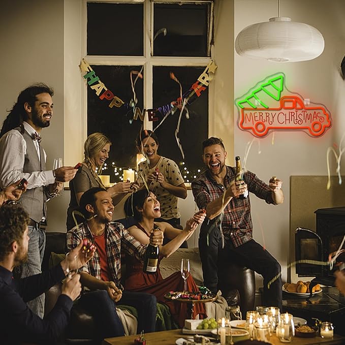 WLHOPE Christmas Truck Neon Sign,Merry Christmas Neon Signs for Wall Decor,Dimmable Merry Christmas Led Signs for Christmas Party Backdrop Bedroom Window Bar Club Shop,Christmas Gift Decoration