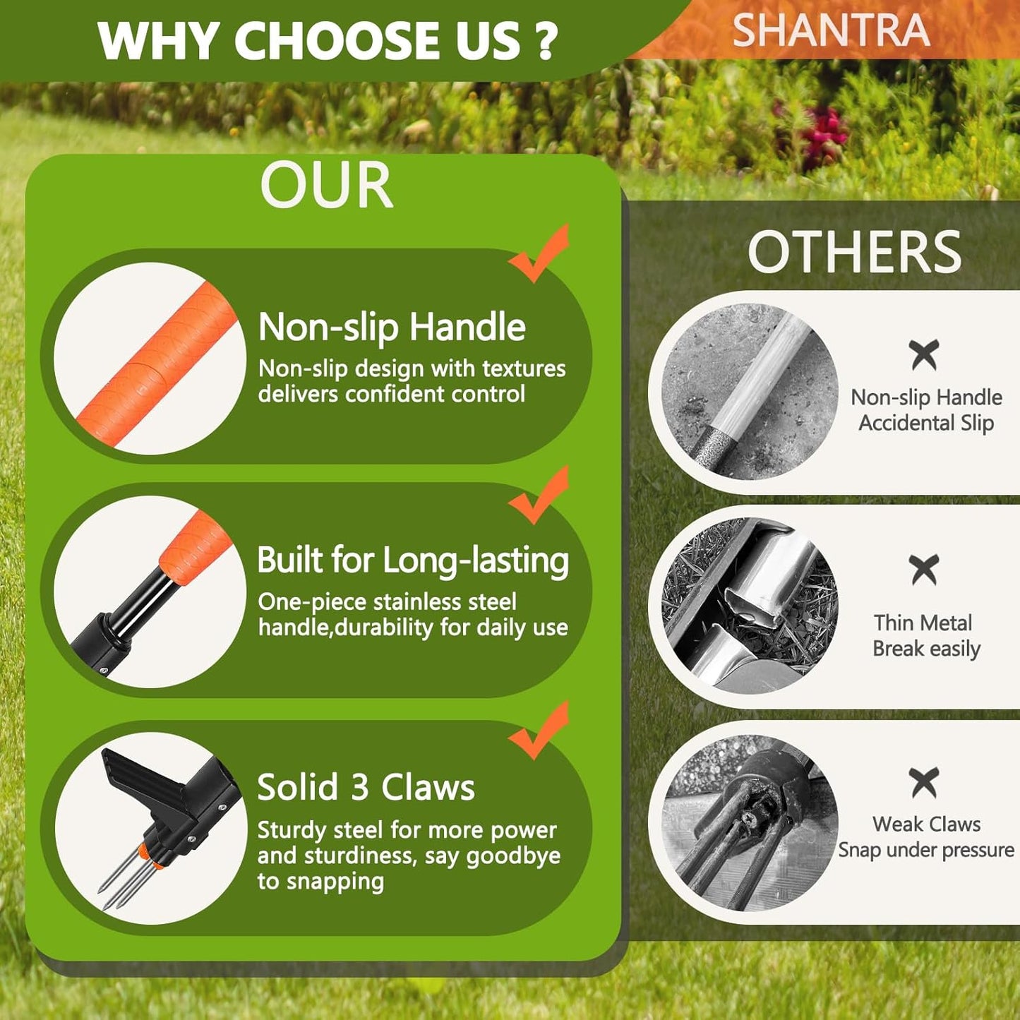 SHANTRA Weed Puller Tool, 3-Claw Stand Up Weed Puller Tool with Long Handle, Garden Weeder Puller Heavy Duty Stand Up Weeder, Weeding Tool for Lawn, Yard, Garden, Crabgrass, Dandelion Picker