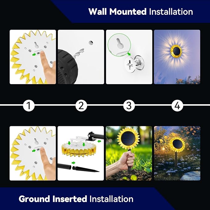Hogni 6PK Solar Garden Lights, Ground Stake/Hang 2 in 1 Solar Sunflowers Outdoor Waterproof IP67, Outdoor Decor for Pathway Walkway Landscape Backyard Fence Decoration