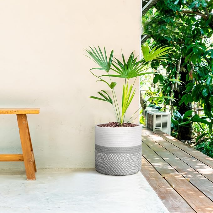 Plant Basket with Stand Indoor Planter Pot Holder Sturdy Jute Rope Modern Woven Basket, Cotton Rope Woven Pot with Bamboo Stand(10 Inch,White and Gray)