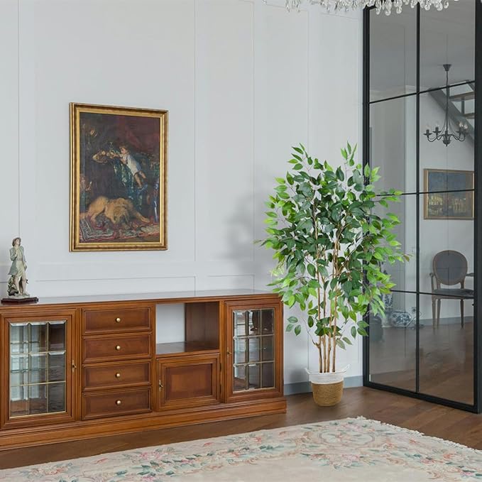 Artificial Ficus Tree, 5ft Tall Silk Fake Ficus Leaves Plant with Basket, Indoor Outdoor Faux Greenery Tree for Home Garden Office House Livingroom Décor