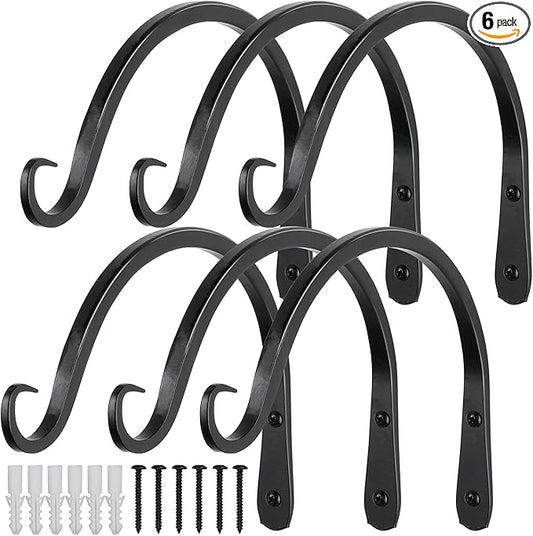 Worth Garden 6-Pack 8" Plant Hanger Bracket - Hand-Forged Wrought Iron Powder-Coated Heavy Duty Wall Hooks - Black Curved Plant Hanging Hooks for Bird Feeders, Flower Baskets, Indoor & Outdoor Use